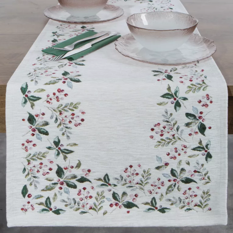 Świąteczny bieżnik kolor naturalno, zielony 40x100 cm szenilowy tkany motywem świątecznym Eurofirany
