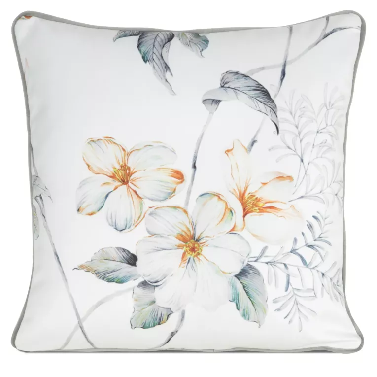 Poszewka na poduszkę dwustronna 45x45 cm welwetowa z motywem roślinnym z wypustką na brzegach biało, pomarańczowa AMELIA EUROFIRANY PREMIUM
