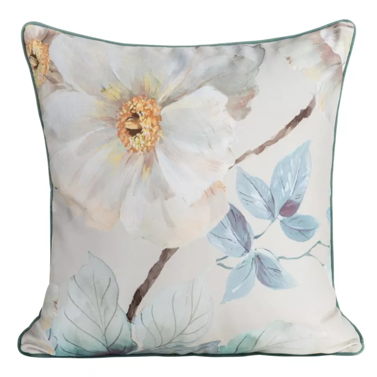 Poszewka na poduszkę 60x60 cm welwetowa z malarskim nadrukiem wiosennych kwiatów i wypustką na brzegach błękitna, jasnobeżowa ALINE Eurofirany