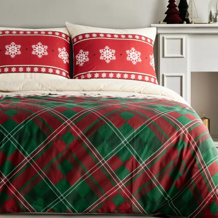 Pościel świąteczna 160x200 cm bawełna ranforce  kolor czerwony, zielony zdobiony nadrukiem kraty AUSTIN Eurofirany