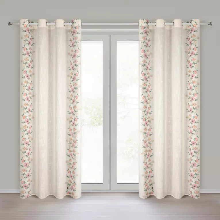 Zasłona naturalno, różowa z dodatkiem lnu zdobiona wiosennymi kwiatami 140x250 cm przelotka - VANESA  Eurofirany
