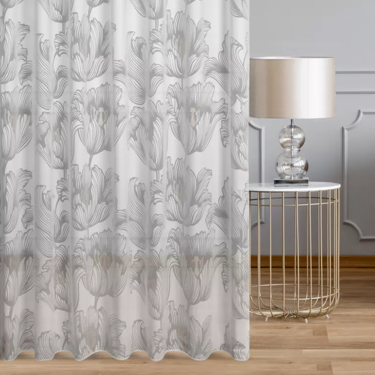 Firana szyta na przelotkach naturalna burnout z miękkiej tkaniny wiskozowej w kwiatowy wzór, wykończona obciążnikiem