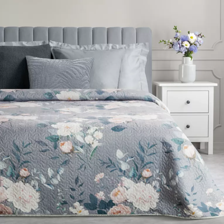 Narzuta welwetowa srebrno, kremowa 200x220 cm zdobiona nadrukiem kwiatów ROSITA Eurofirany