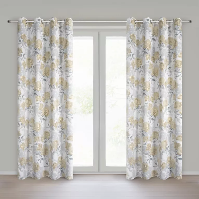 Zasłona srebrno, musztardowa z tkaniny zaciemniającej zdobiona nadrukiem kwiatów i złotym wykończeniem 140x250 cm przelotki - INARI Eurofirany