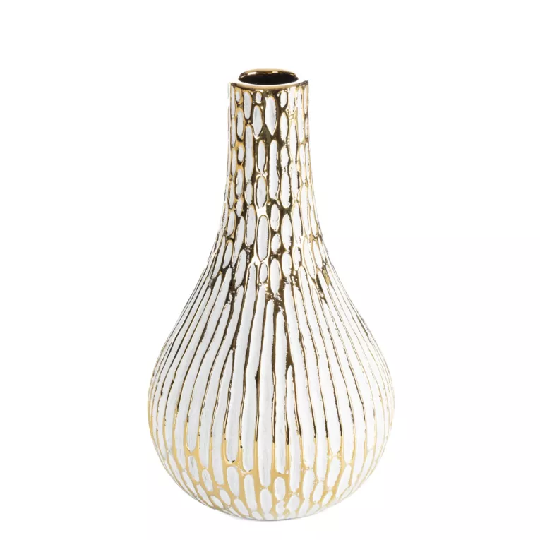 Wazon ceramiczny biało, złoty o ozdobnej fakturze 14x25 cm ANDREA Eurofirany