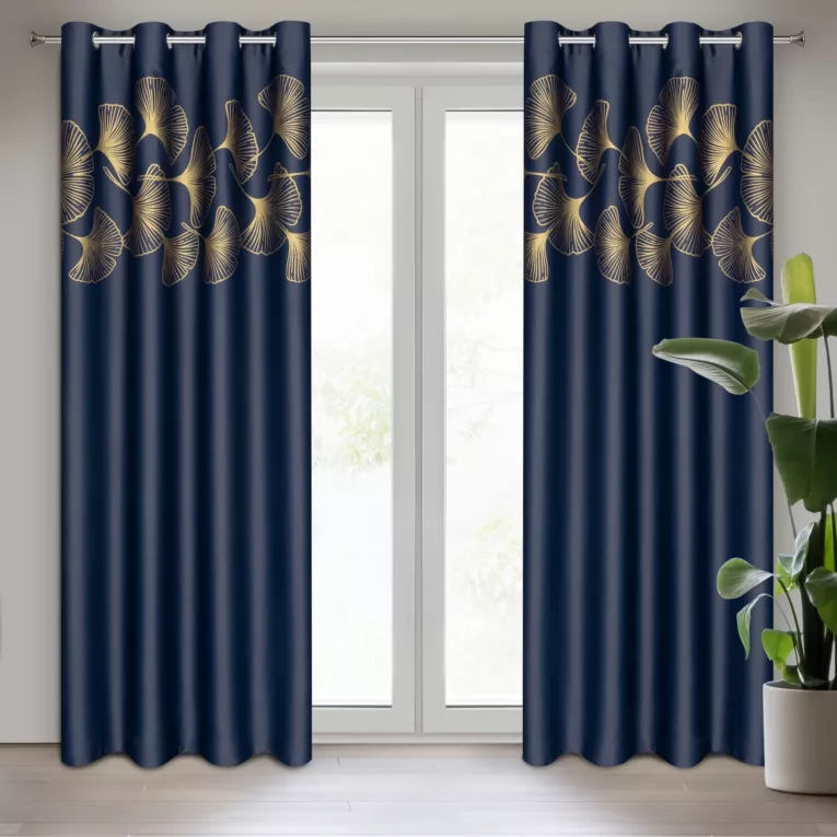 Zasłona granatowa ze złotym wzorem liści ginko, zaciemniająca 140x250 cm przelotka HARMONY Eurofirany