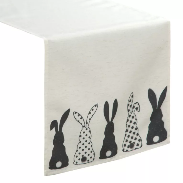 Bieżnik na stół 35x140 cm biało, czarny welwetowy WIOSNA zdobiony nadrukiem siedzących zajączków