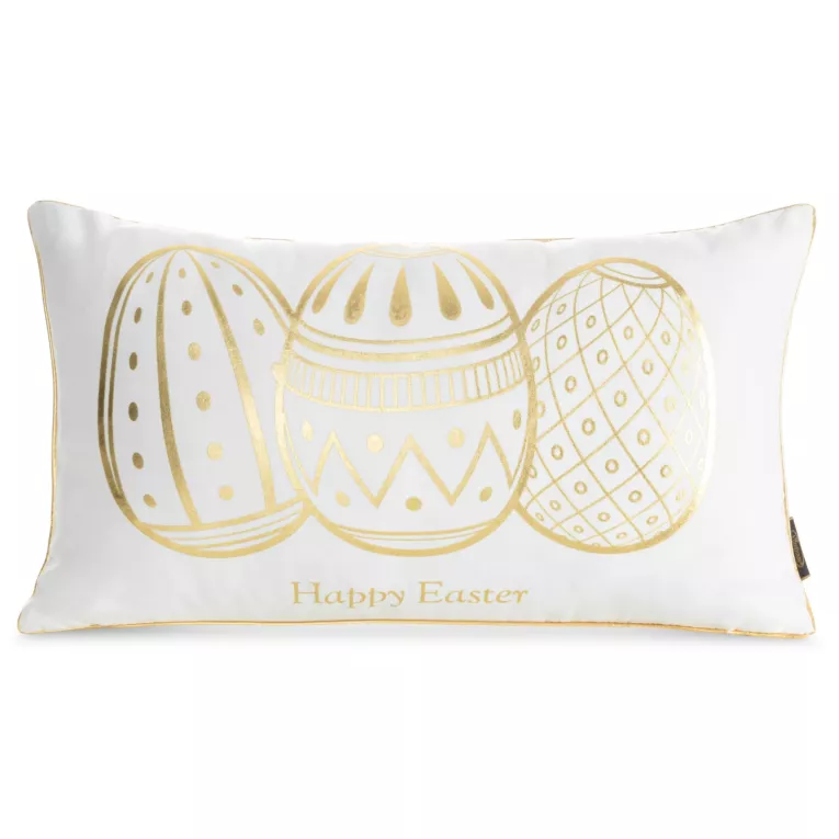 Poszewka na poduszkę 30x50 cm z nadrukiem wielkanocnym i ozdobną lamówką biało, złota WIOSNA 49 Eurofirany