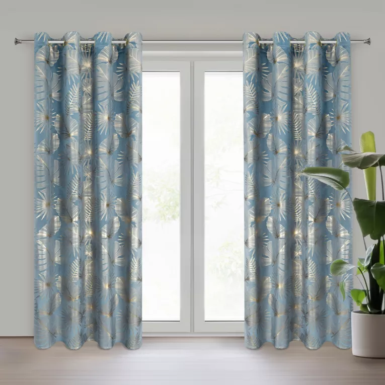 Zasłona niebiesko, szampańska z nadrukiem liści, welwetowa 135x250 przelotka ARIA Eurofirany