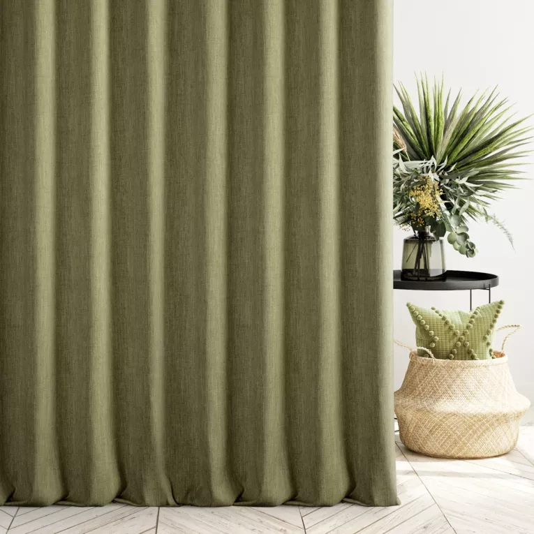 Zasłona szyta na taśmie 5 cm ciemnooliwkowa z tkaniny o naturalnym splocie z efektem melanżu