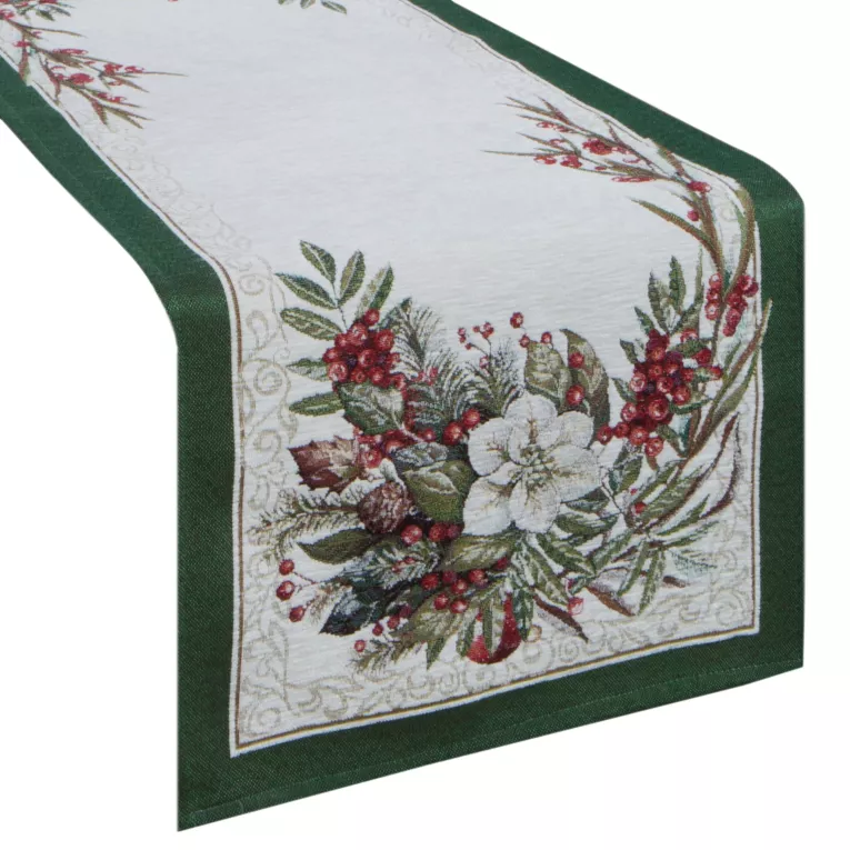 Świąteczny bieżnik kolor naturalno, zielony 45x140 cm szenilowy tkany motywem świątecznym Eurofirany