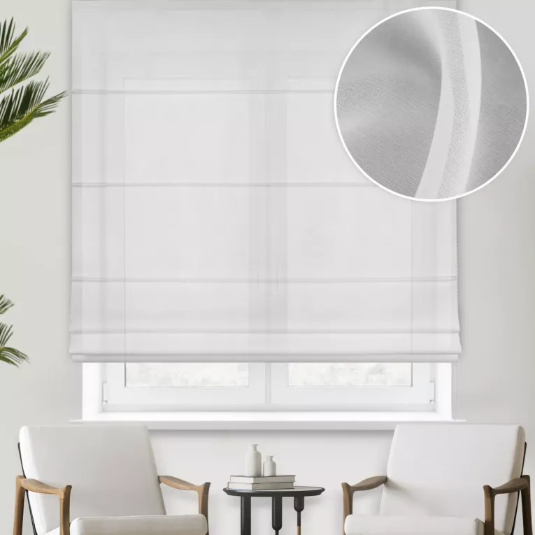 Roleta rzymska biała z miękkiej i delikatnej tkaniny typu KREPA, wykończona obciążnikiem