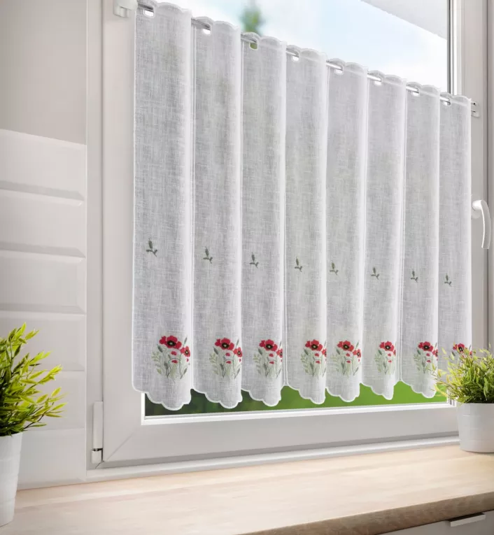 Tkanina firanowa zazdrostka z etaminy zdobiona haftowanymi kwiatami Eurofirany