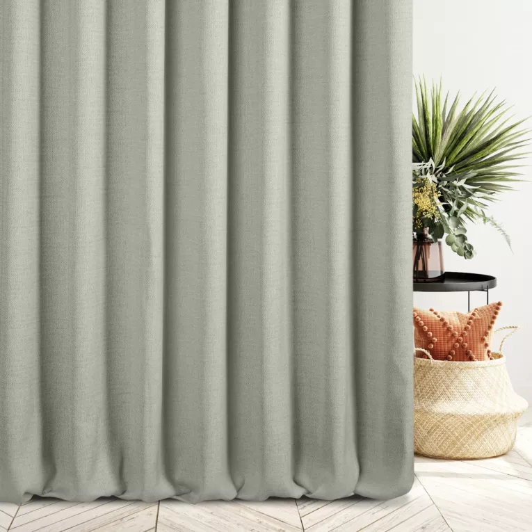 Zasłona szyta na taśmie 8 cm ciemnobeżowa z tkaniny o naturalnym splocie z efektem melanżu