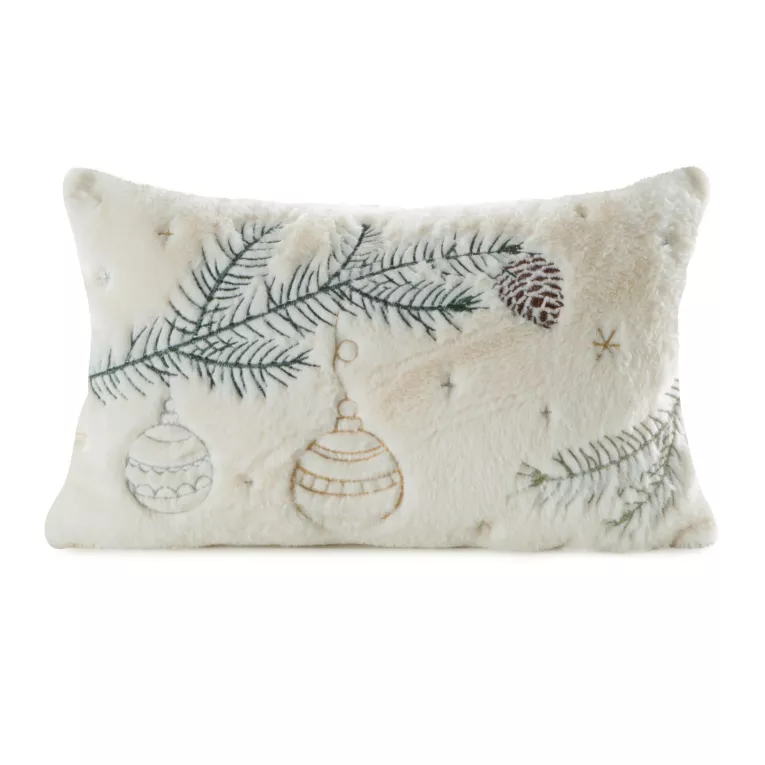 Poszewka na poduszkę 30x50 cm świąteczna futrzana z haftem kremowo, zielona Eurofirany