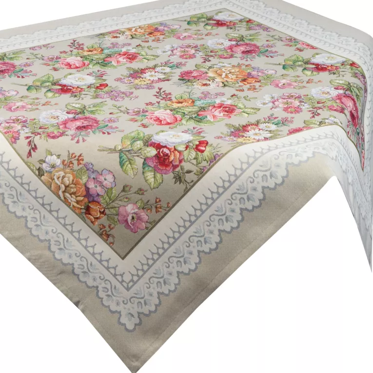 Obrus oliwkowo, różowy 100x100 cm gobelinowy zdobiony tkanym motywem kwiatowym