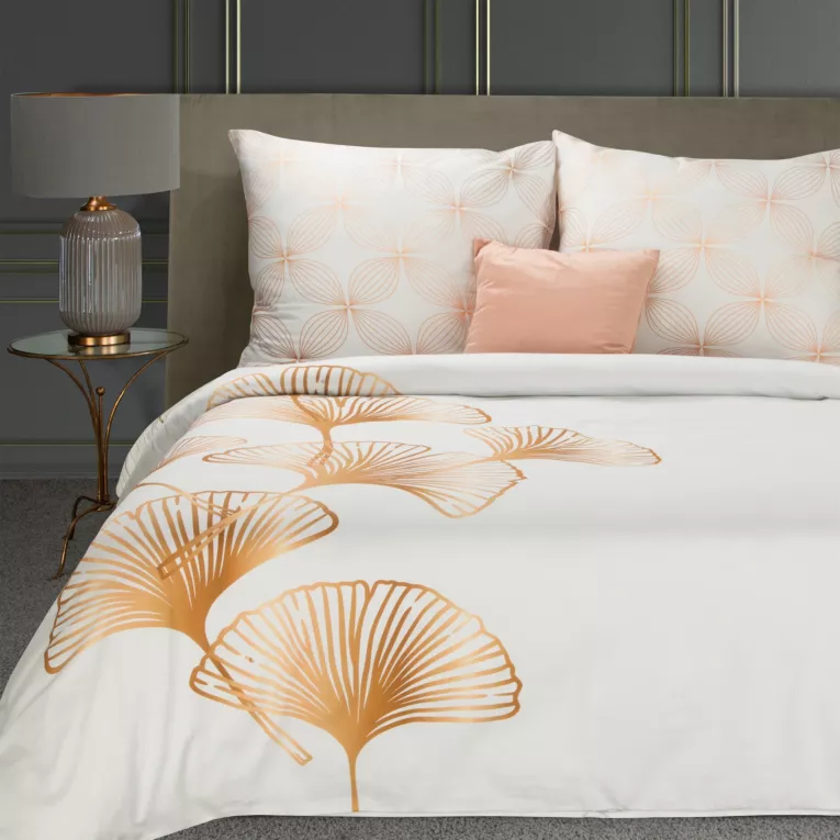 Pościel 160x200 z makosatyny kolor biały złoty z wzorem liści miłorzębu BLANCA 10 Limited Collection Eurofirany