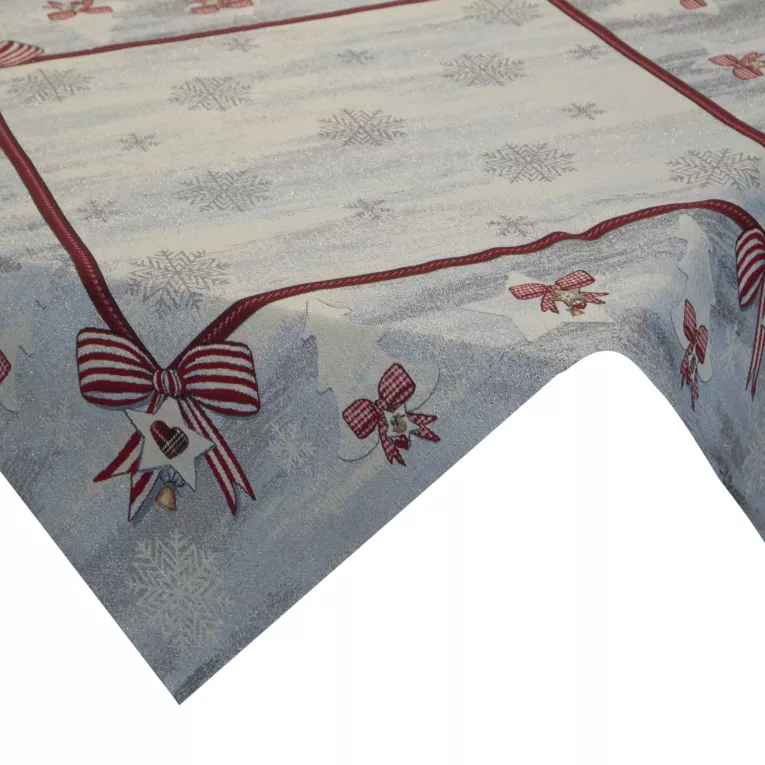 Obrus popielato, srebrny 100x100 cm gobelinowy z mieszanki włókien zdobiony wzorem świątecznym