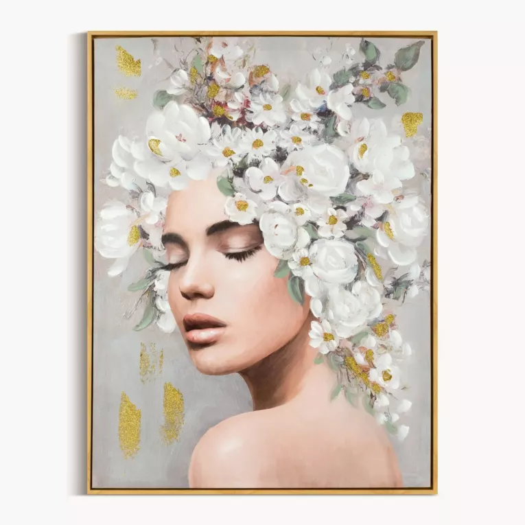 Obraz portret kobiety w nakryciu głowy z kwiatów ręcznie malowany na płótnie w ramie Eurofirany