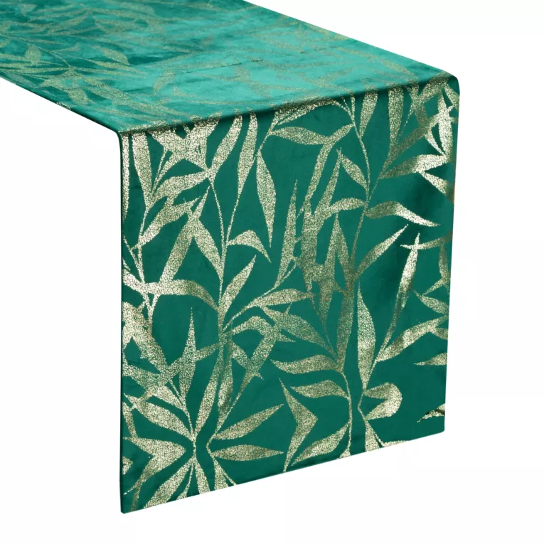 Bieżnik na stół ciemnozielono, złoty 35x180 cm welwetowy BLINK 15 z delikatnymi gałązkami