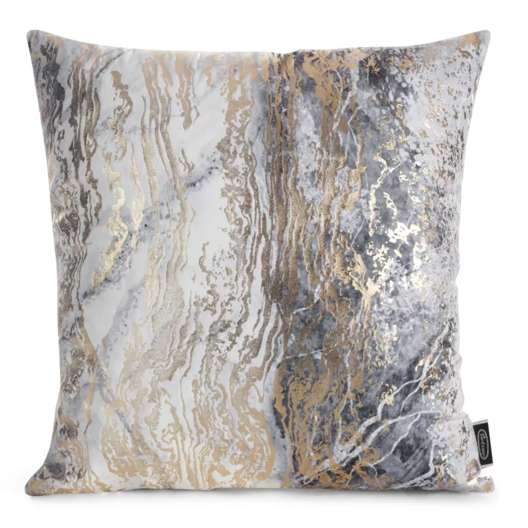 Poszewka na poduszkę 45x45 cm welwetowa zdobiona przecieranym metalicznym nadrukiem srebrna SOFI Eurofirany