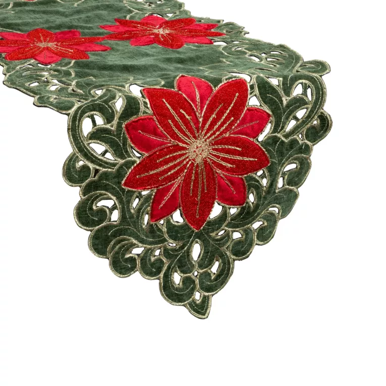 Bieżnik świąteczny na stół 35x180 cm zielono, czerwony zdobiony haftem gwiazd betlejemskich Eurofirany