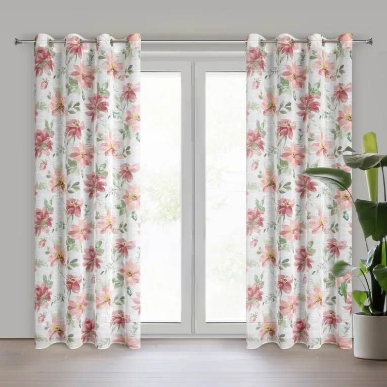 Zasłona biało, ciemnoróżowa zdobiona nadrukiem kwiatów 140x250 cm przelotka DEBI Eurofirany