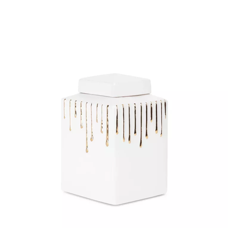 Pojemnik ceramiczny dekoracyjny biało-złoty z motywem cieknącej złotej farby 14x14x23 cm LUIS Eurofirany