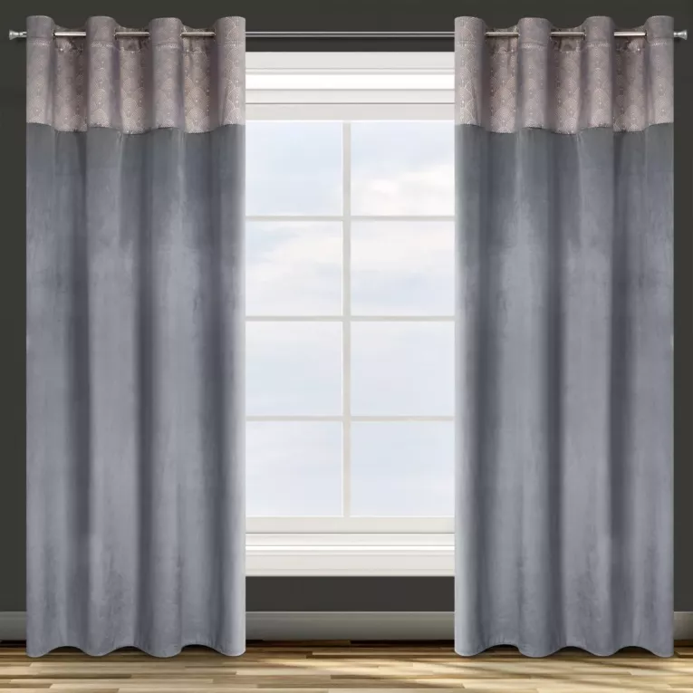 Zasłona grafitowa z aplikacją z błyszczącego welwetu 140x250 cm przelotka AGNES Design 91 Eurofirany