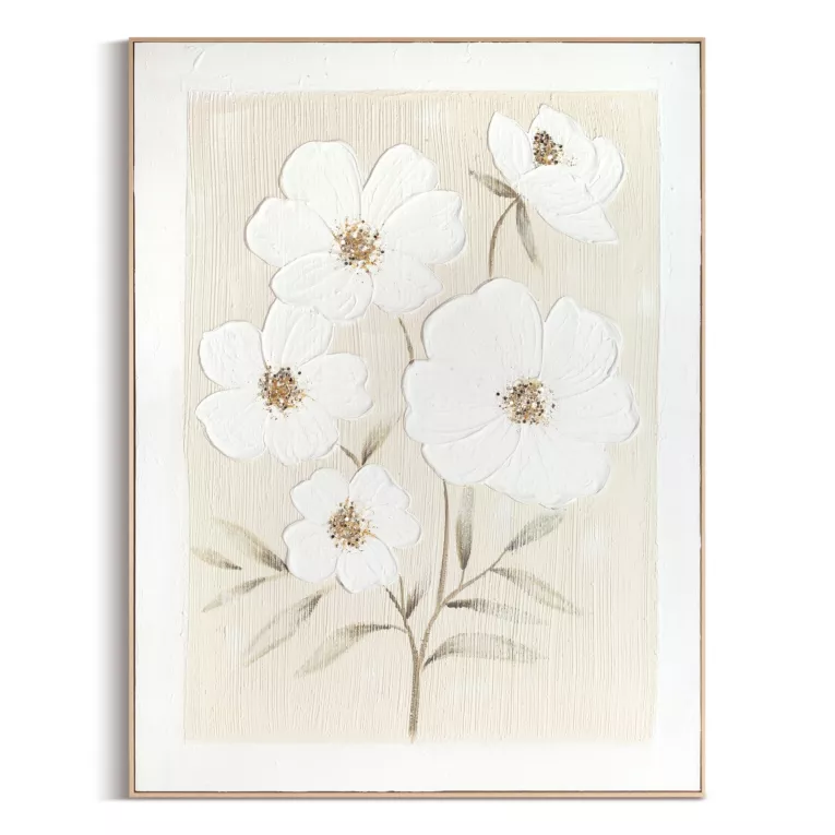 Obraz kremowy, jasnozielony ręcznie malowany z kwiatowym motywem oprawiony w ramę 92x122 cm Eurofirany