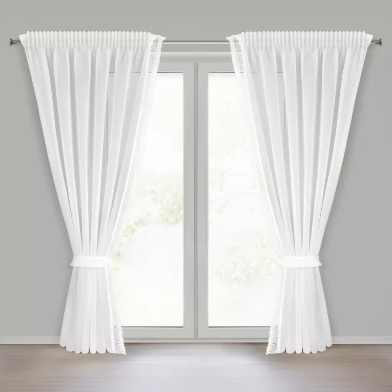 Komplet firan białych 2 szt z etaminy zdobionych subtelnymi frędzlami w zestawie troczki 140x270 cm taśma KIRA 3 Eurofirany