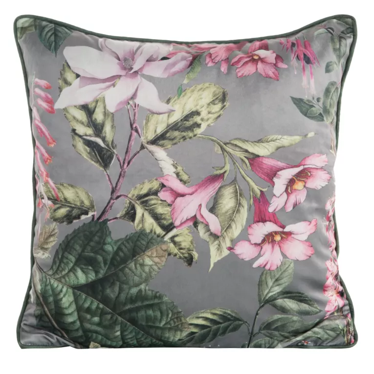Poszewka na poduszkę 45x45 cm welwetowa z motywem malarskich kwiatów i estetyczną lamówką stalowo, różowa VELVET 108 Eurofirany