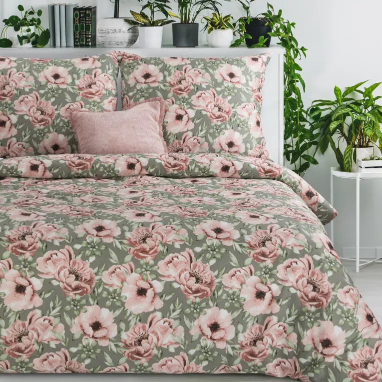 Pościel 160x200 cm z satyny bawełnianej kolor różowy, stalowy z kwiatowym wzorem SPRING 53 Eurofirany