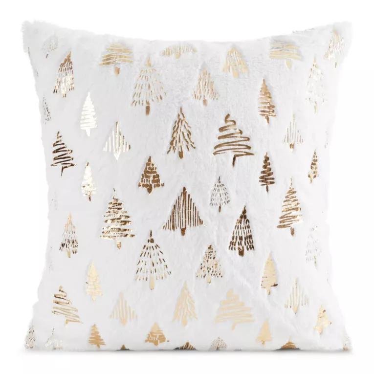Poszewka na poduszkę świąteczna 45x45 cm biało, złota z przyjemnego futerka zdobiona nadrukiem choinek Eurofirany