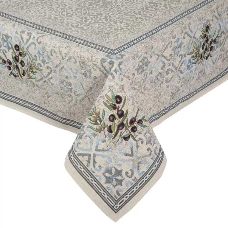 Obrus naturalno, niebieski 140x180 cm gobelinowy z nadrukiem gałązki oliwnej