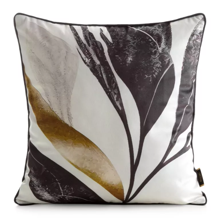 Poszewka na poduszkę 45x45 cm welwetowa zdobiona nadrukiem roślinnym i ozdobną lamówką biało, czarna VELVET 167 EUROFIRANY PREMIUM