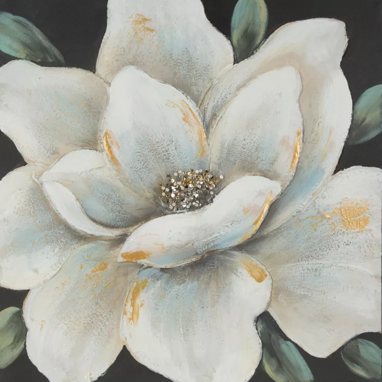 Obraz ręcznie malowany na płótnie ze srebrnymi drobinkami i kwiatowym motywem Eurofirany