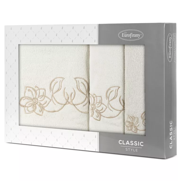 Zestaw ręczników bawełnianych 3 szt kolor kremowy, beżowy z haftem subtelnych kwiatów 400 g/m2 LILA Eurofirany