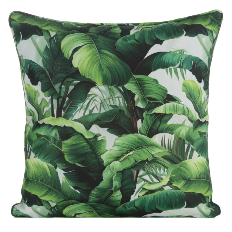 Poszewka na poduszkę 45x45 cm z tkaniny wodoodpornej na taras oraz balkon zdobiona nadrukiem egzotycznych liści zielono, biała GARDEN Eurofirany
