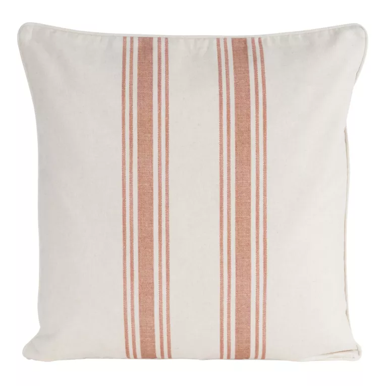 Poszewka na poduszkę 50x50 cm bawełniana z dodatkiem lnu zdobiona subtelnym nadrukiem pasów kremowo, ciemnobeżowa LEN Eurofirany