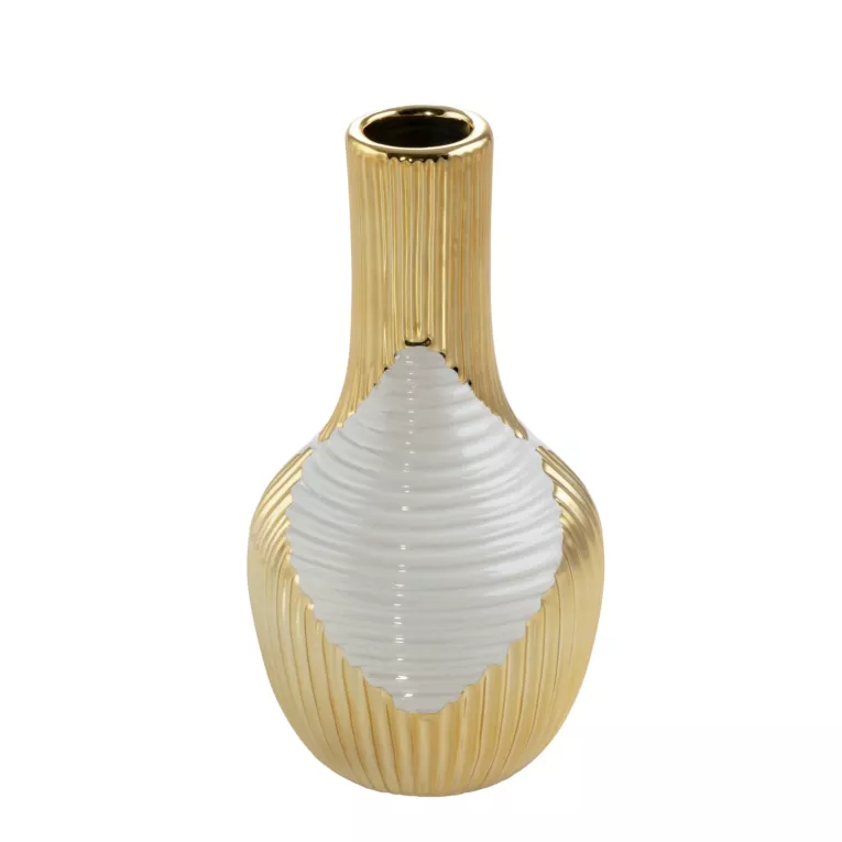 Wazon dekoracyjny RAKEL biało-złoty z geometrycznym wzorem ceramiczny Eurofirany