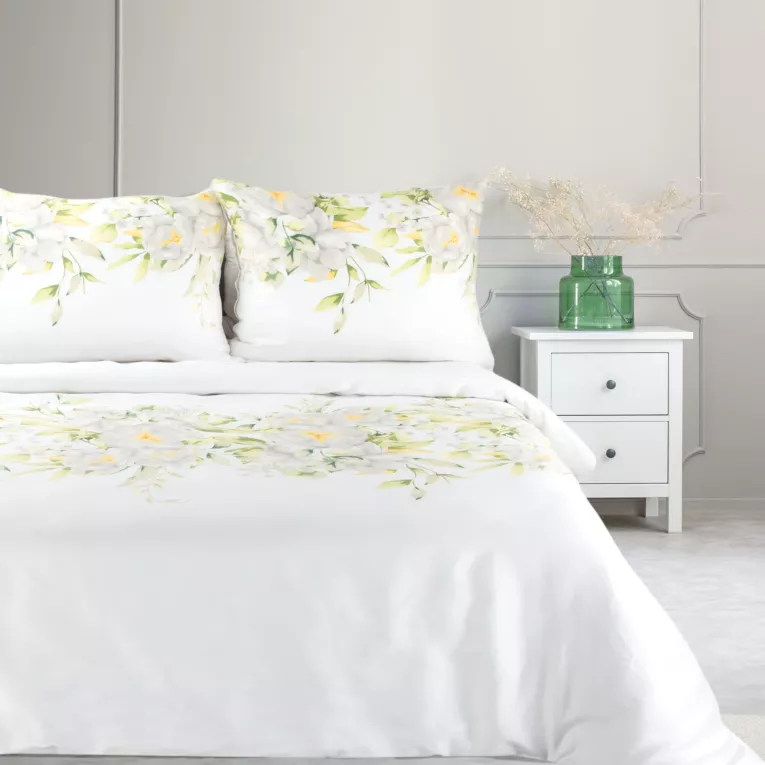 Pościel 220x200 cm bawełniana kolor biały, jasnozielony z subtelnym botanicznym wzorem SPRING 22 Eurofirany