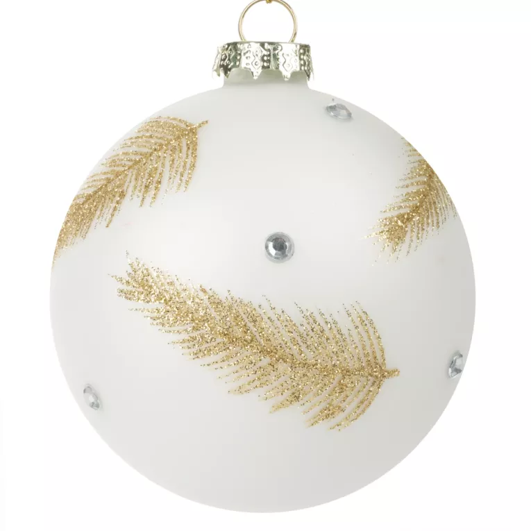 Biała szklana bombka choinkowa  w złote piórka 10 cm Eurofirany