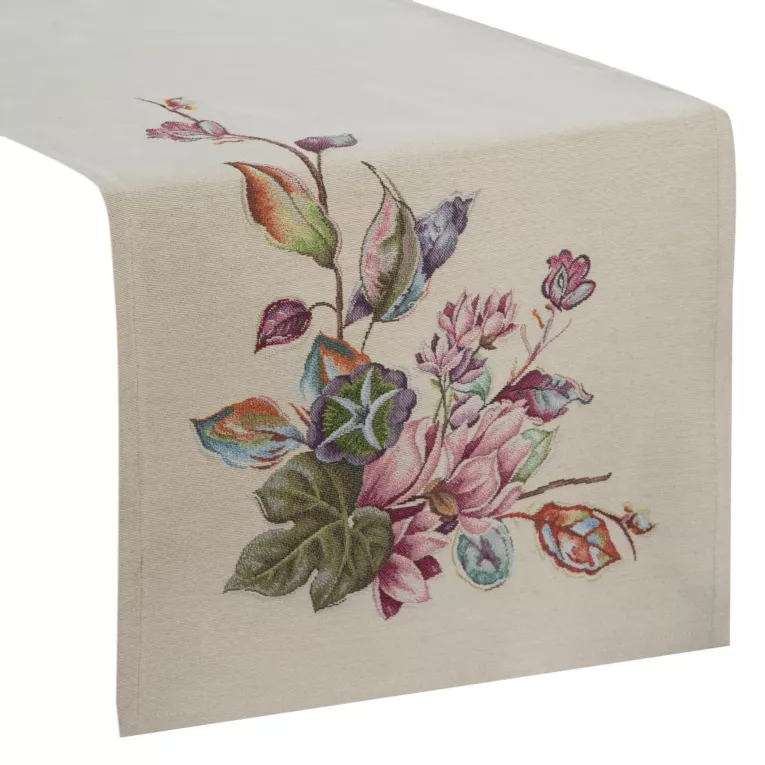 Bieżnik na stół naturalno, różowy 45x140 cm gobelinowy zdobiony tkanym motywem kwiatowym