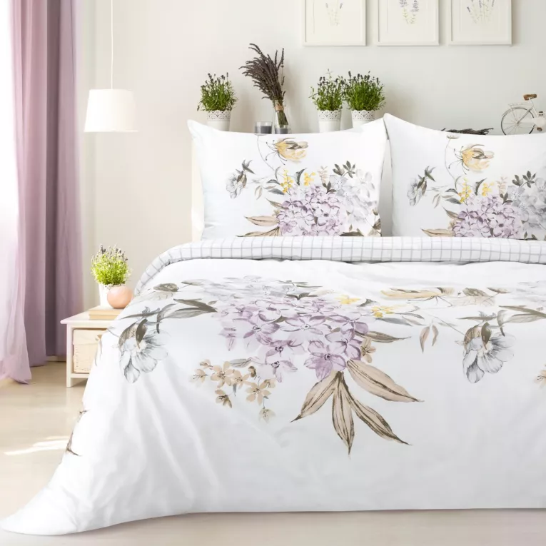 Pościel 160x200 cm z satyny bawełnianej kolor biały, fioletowy z wzorem kwiatowym ELLA 16 w kwiaty Eurofirany
