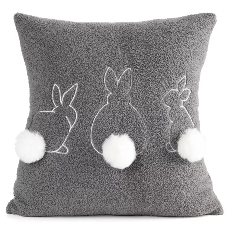 Poszewka na poduszkę 45x45 cm z tkaniny typu bukla i uroczym haftem z pomponami stalowo, biała WIOSNA 36 Eurofirany