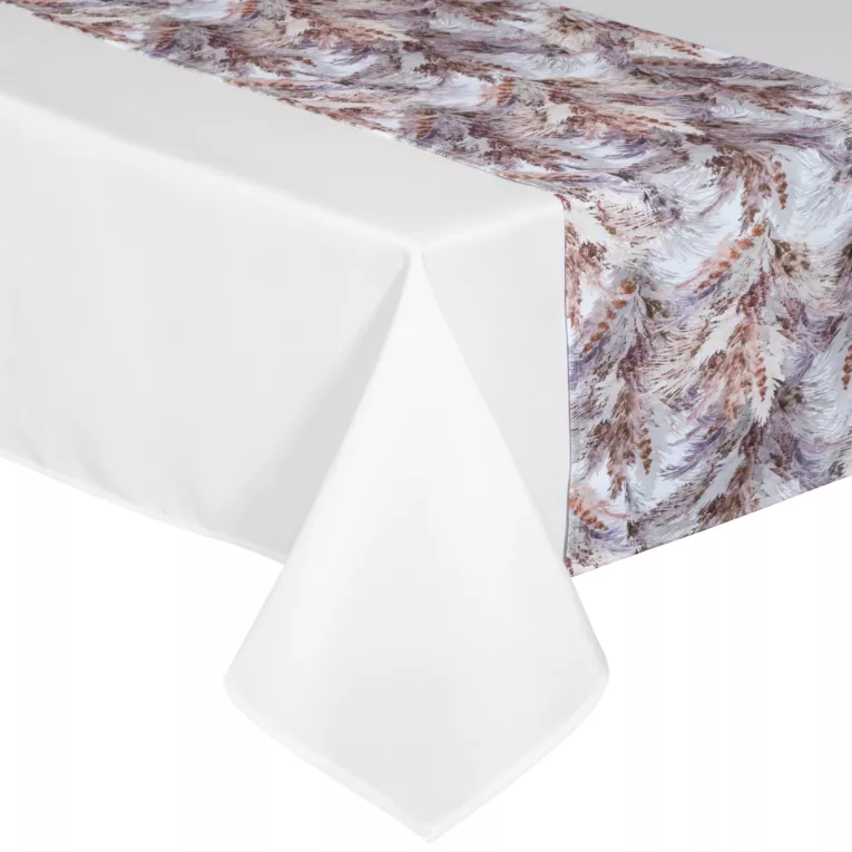 Komplet obrus z bieżnikiem biało, jasnofioletowy 140x180/33x180 cm ANITA 4 zdobiony subtelnym wzorem trawy pampasowej