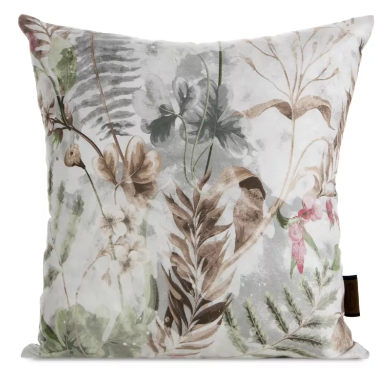 Poszewka na poduszkę 40x40 cm z satyny bawełnianej zdobiona nadrukiem roślinnym biało, brązowa SPRING 47 Eurofirany