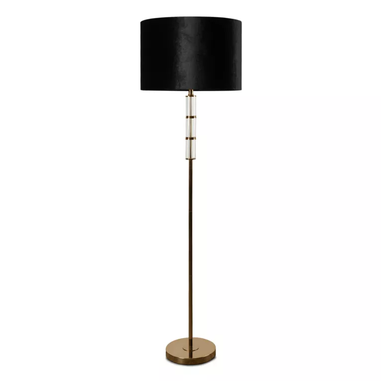 Lampa stojąca do pokoju czarno, złota BENA z podstawą łączącą szkło i metal oraz welwetowym abażurem Eurofirany