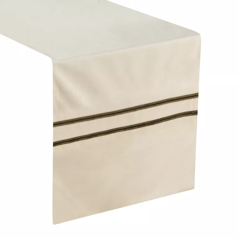 Bieżnik na stół kremowy 35x140 cm welwetowy GLEN 4 zdobiony dwoma pasami efektownej pasmanterii z drobnymi cyrkoniami